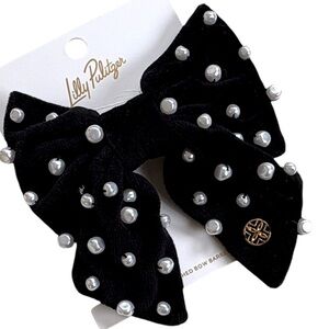 NWT Lilly Pulitzer Velvet Logo Charm Pearl Embellished Hair Bow Black